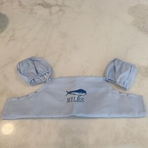 Embroidered “Miles” seersucker puddle jumper cover